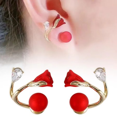২ জোড়া  Korean  Red Tulip Flower Earrings Two in One Brincos Jewelry For Girl Gift