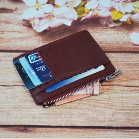 Genuine Leather ID Card Holder Zipper Business Bank Credit Card ID Holder Package pocket