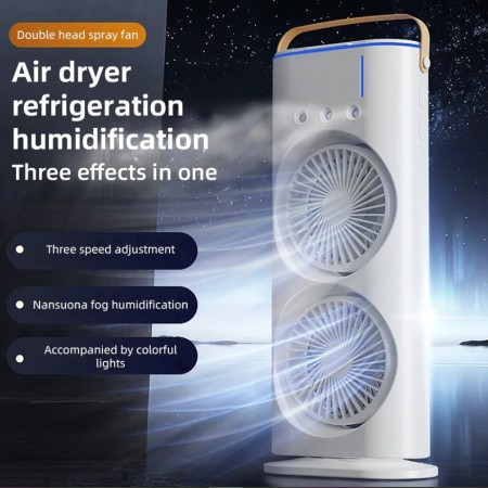 Dual Head Spray Tower Fan with Control Mist Humidifier 180° Adjustable 90° Rotatable Rechargeable Desk Fan with 3 Wind Speed Colorful Ambient Light Portable Handle For Home Office Travel Camping