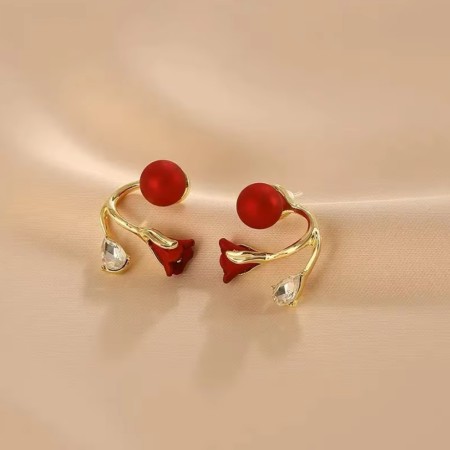 Korean  Red Tulip Flower Earrings Two in One Brincos Jewelry For Girl Gift